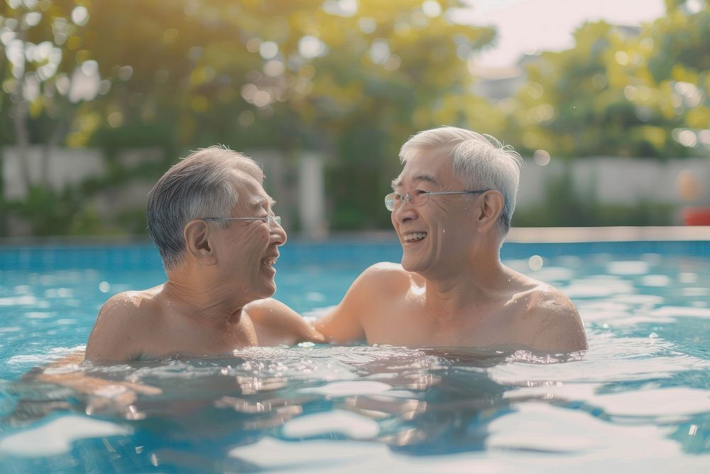 Asian Chinese Senior friends talking bonding in swimming pool photography laughing outdoors.
