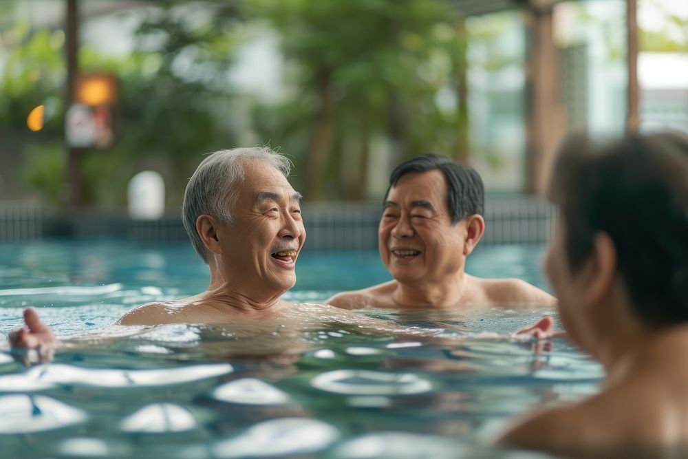 Asian Chinese Senior friends talking bonding in swimming pool bathing togetherness retirement.