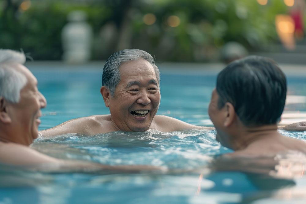 Asian Chinese Senior friends talking bonding in swimming pool sports togetherness retirement.