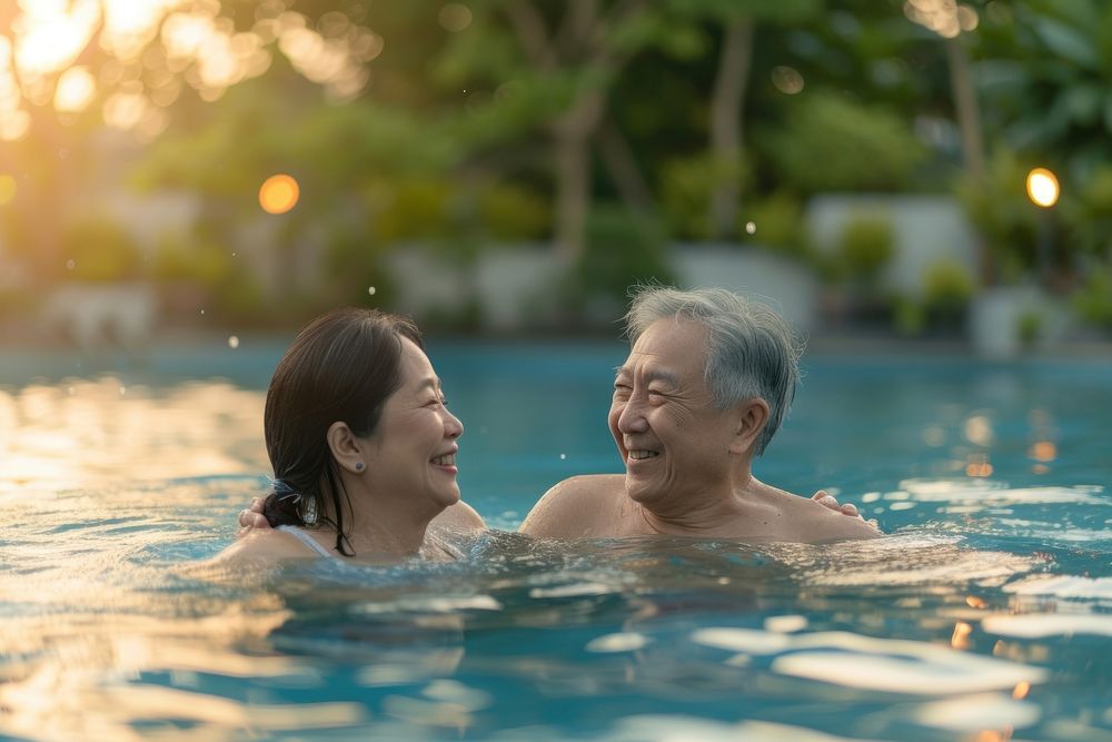 Asian Chinese Senior friends talking bonding in swimming pool recreation sports togetherness.