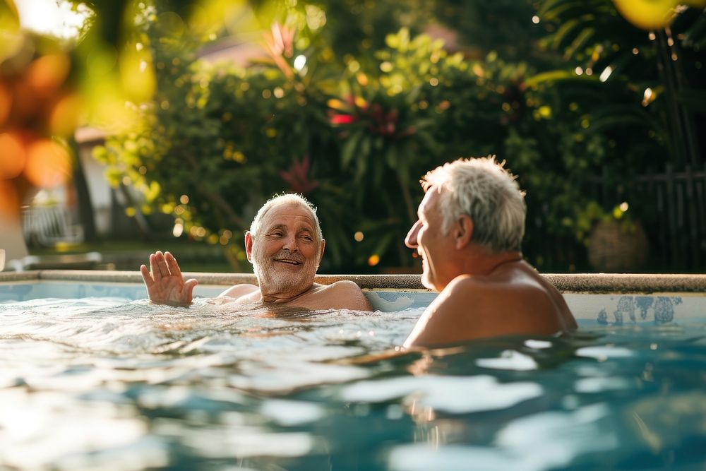 Senior friends talking bonding in swimming pool jacuzzi togetherness refreshment.