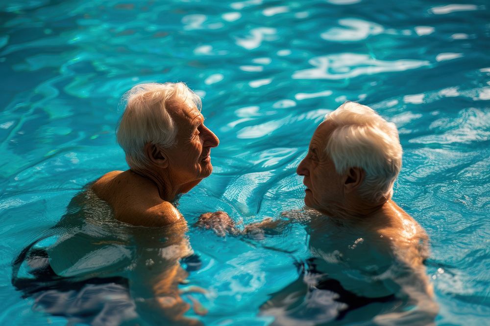 Senior friends talking bonding in swimming pool recreation sports baby.
