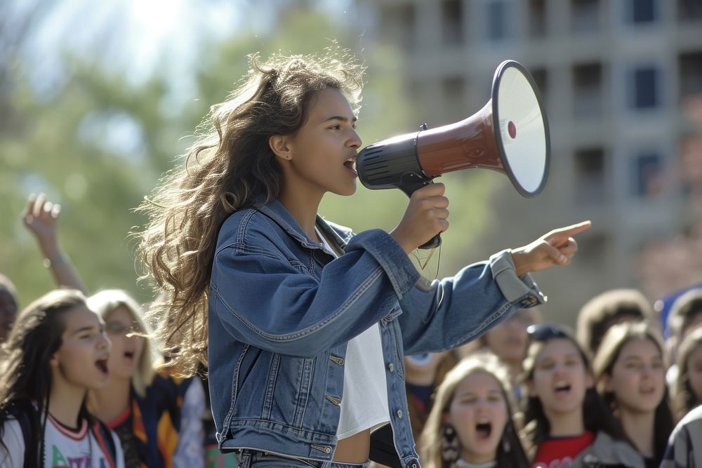 Young woman leading a demonstration using a megaphone outdoors togetherness architecture.