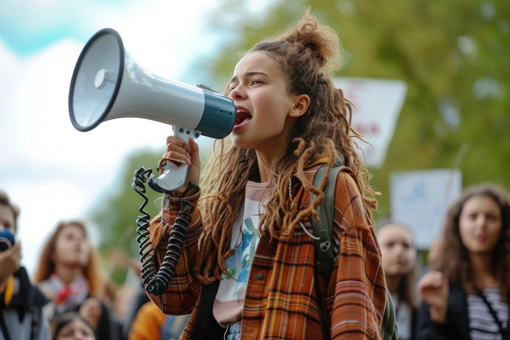 Young woman leading a demonstration using a megaphone outdoors performance hairstyle.