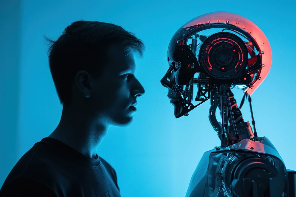 Man facing an ai robot photography technology futuristic.