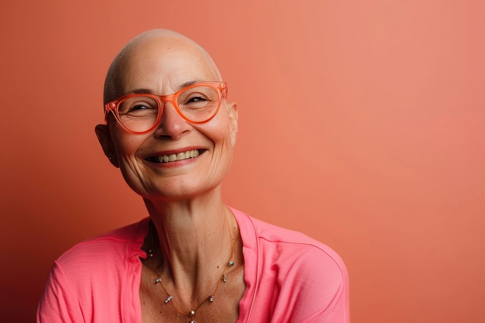 Happy cancer patient portrait glasses adult.
