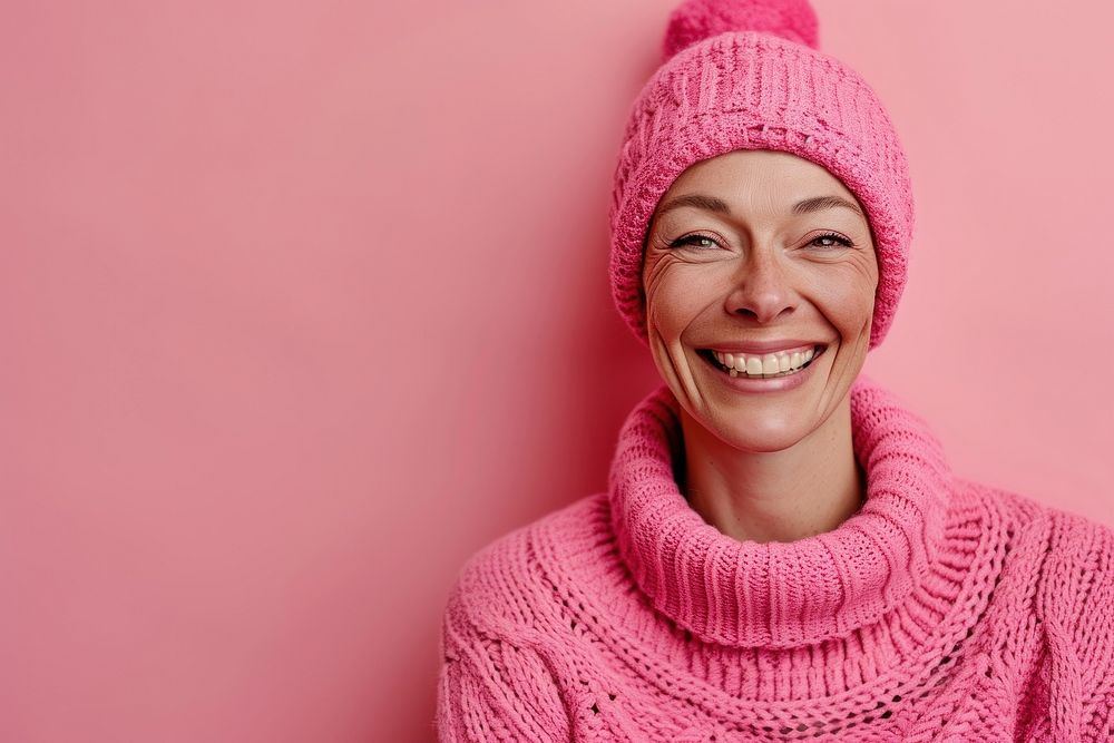 Happy cancer patient portrait laughing sweater.