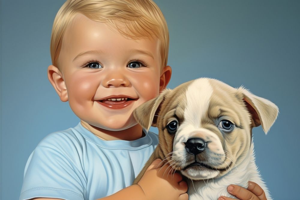 A baby boy hugging dog portrait bulldog mammal.