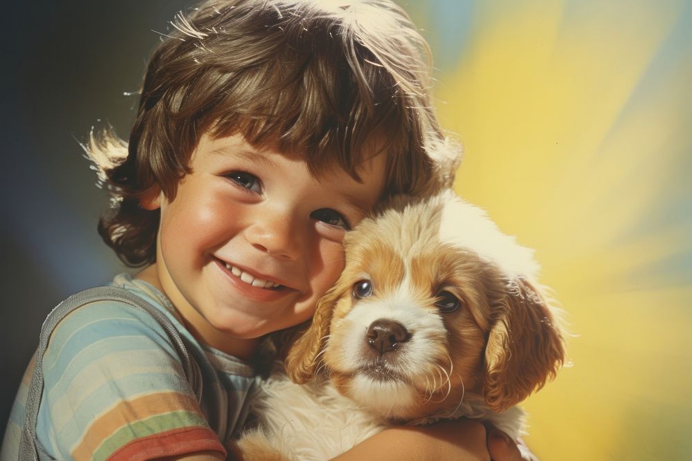 A baby boy hugging dog portrait mammal animal.