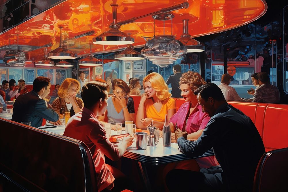 A crowded diner in nighttime restaurant nightlife adult.