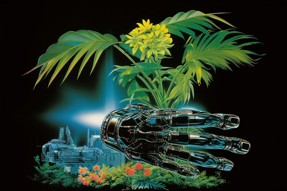 A robotic hand growing a plant green leaf art.