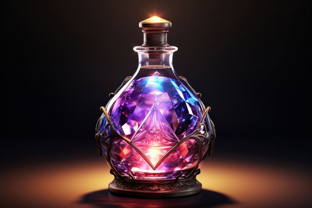 Magic potion in bottle perfume purple illuminated.