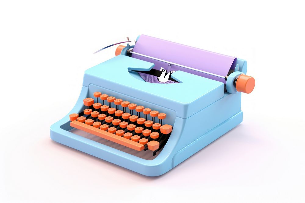 Blue typewriter with paper in white background correspondence electronics.
