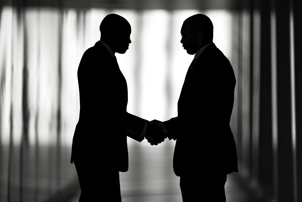 Two black man business men are hand shaking silhouette adult togetherness.