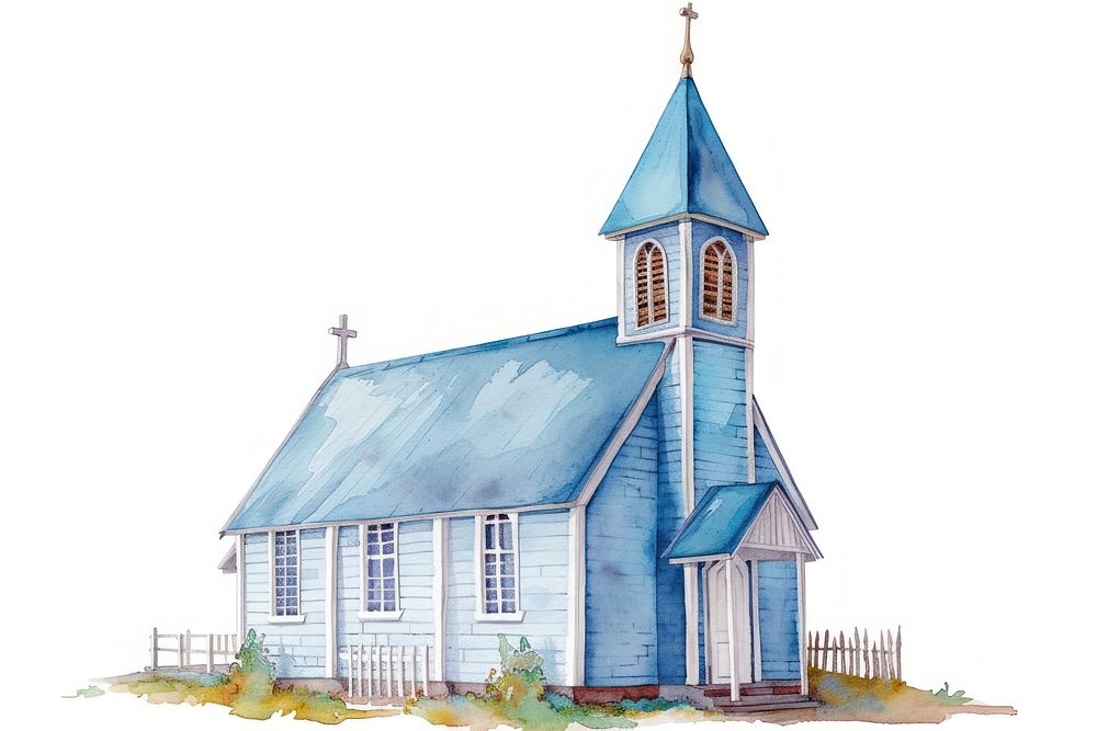 Watercolor illustration church architecture building steeple.