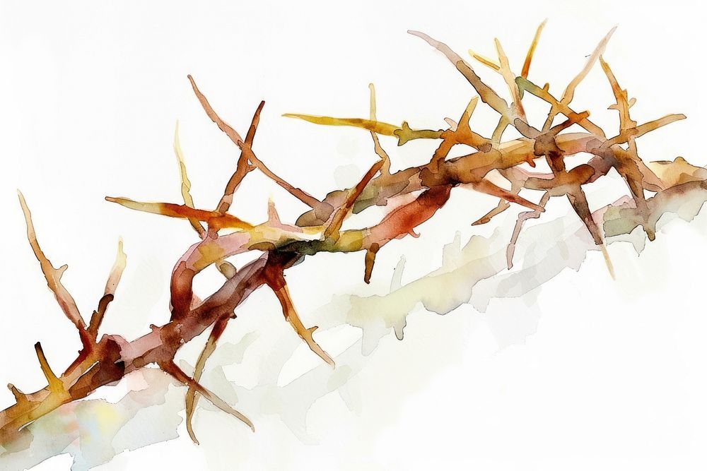 Watercolor illustration crown of thorns drawing seaweed branch.