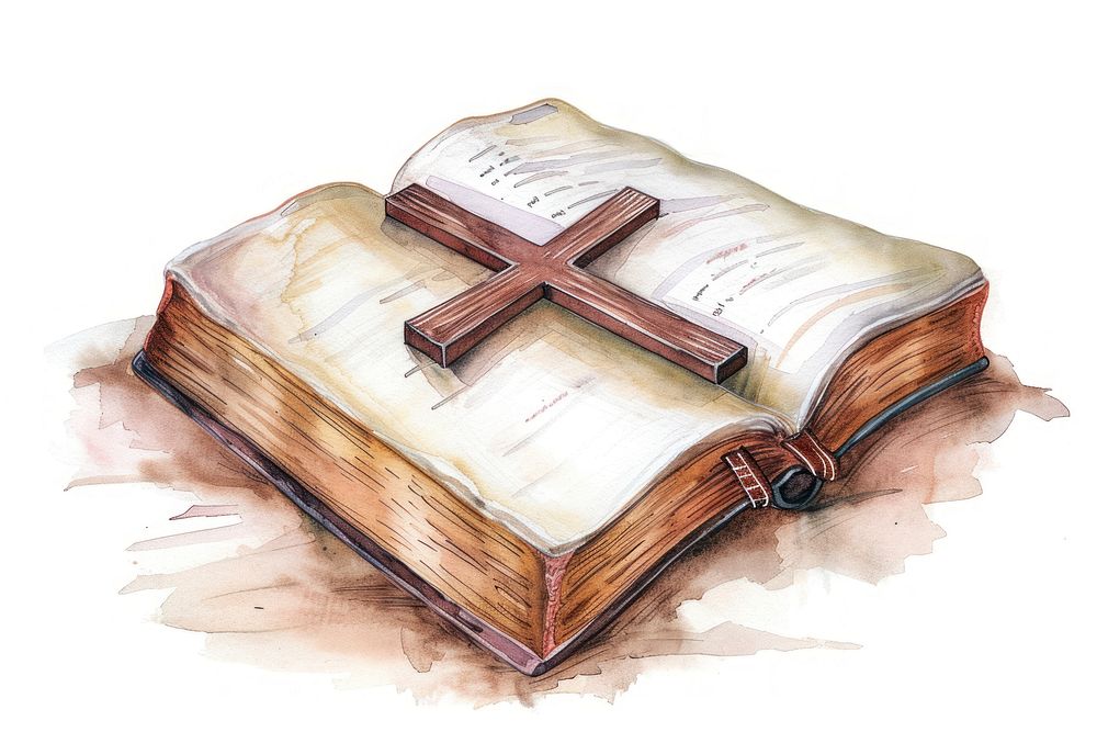 Watercolor illustration cross with bible publication book education.