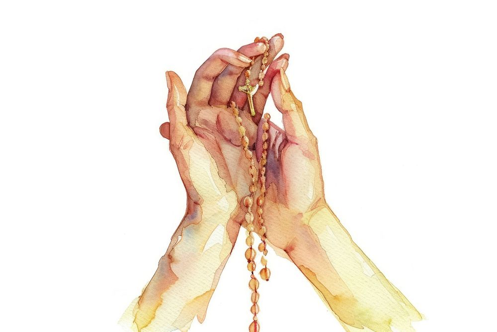 Watercolor illustration hand holding rosary jewelry finger accessories.