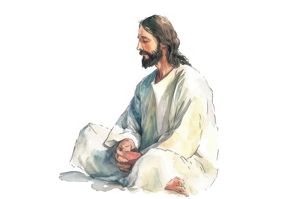 Watercolor illustration jesus sitting portrait drawing sketch.