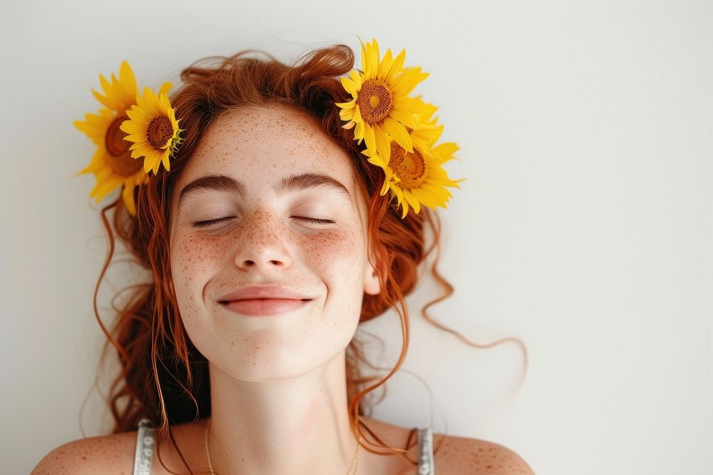 Woman with sunflowers in her hair portrait smiling adult.