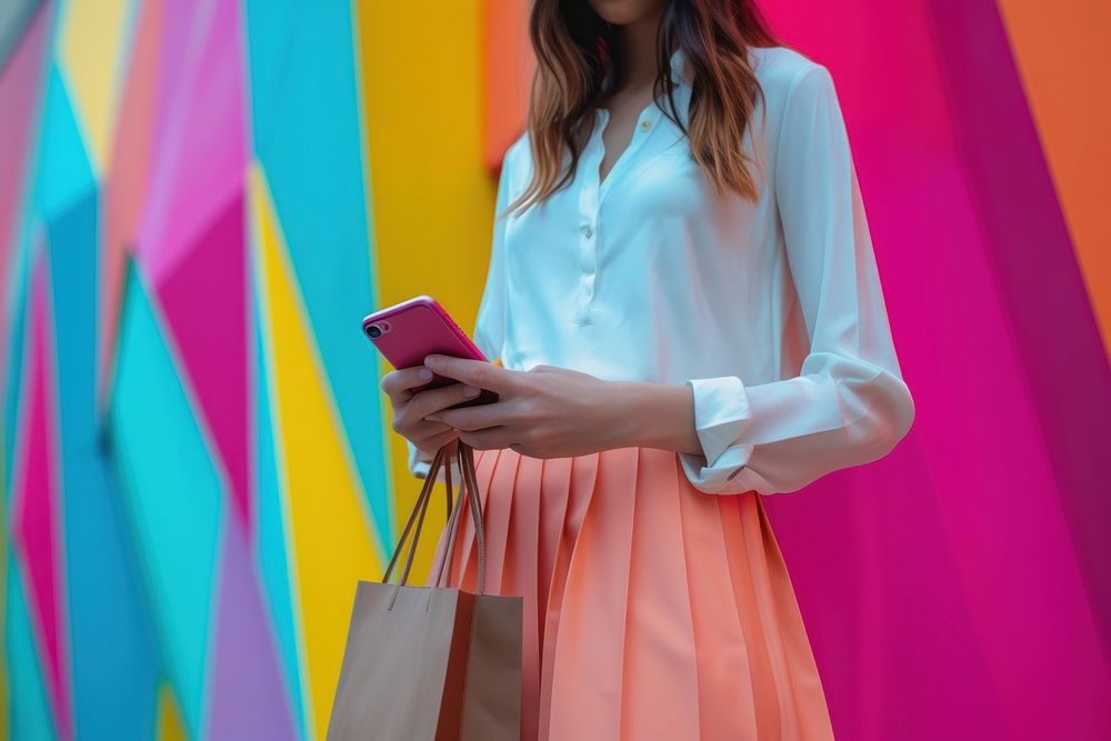Young lady using her smartphone while shopping with shopping bags in hands backgrounds handbag accessories.