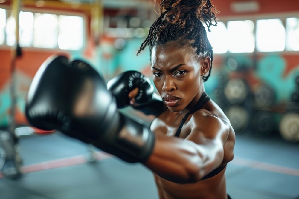 A black woman kickboxing in a bright gym to get a workout punching sports adult.