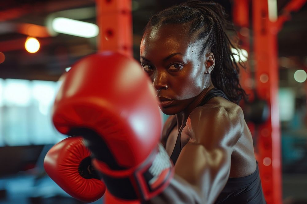 A black woman kickboxing in a bright gym to get a workout punching sports adult.