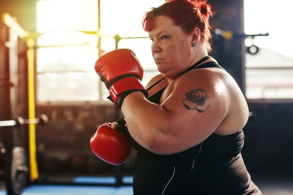 A chubby woman kickboxing in a bright gym to get a workout punching sports determination.