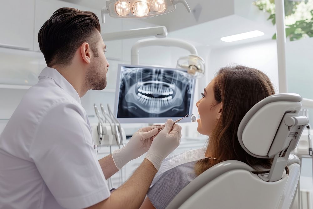 A lady patient in a dental chair and male dentist looking at an x ray together adult technology tomography.