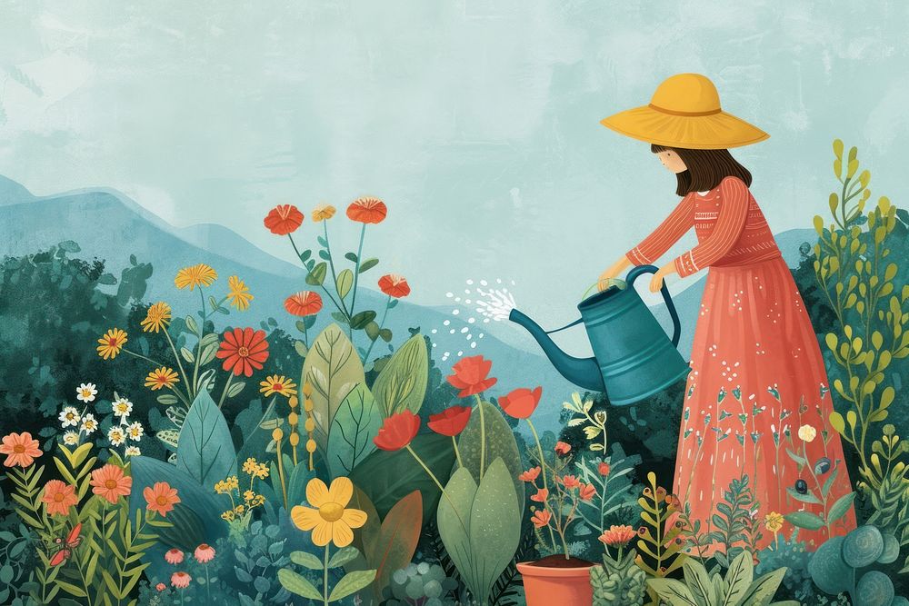 A woman is gardener watering plants in garden outdoors gardening painting.