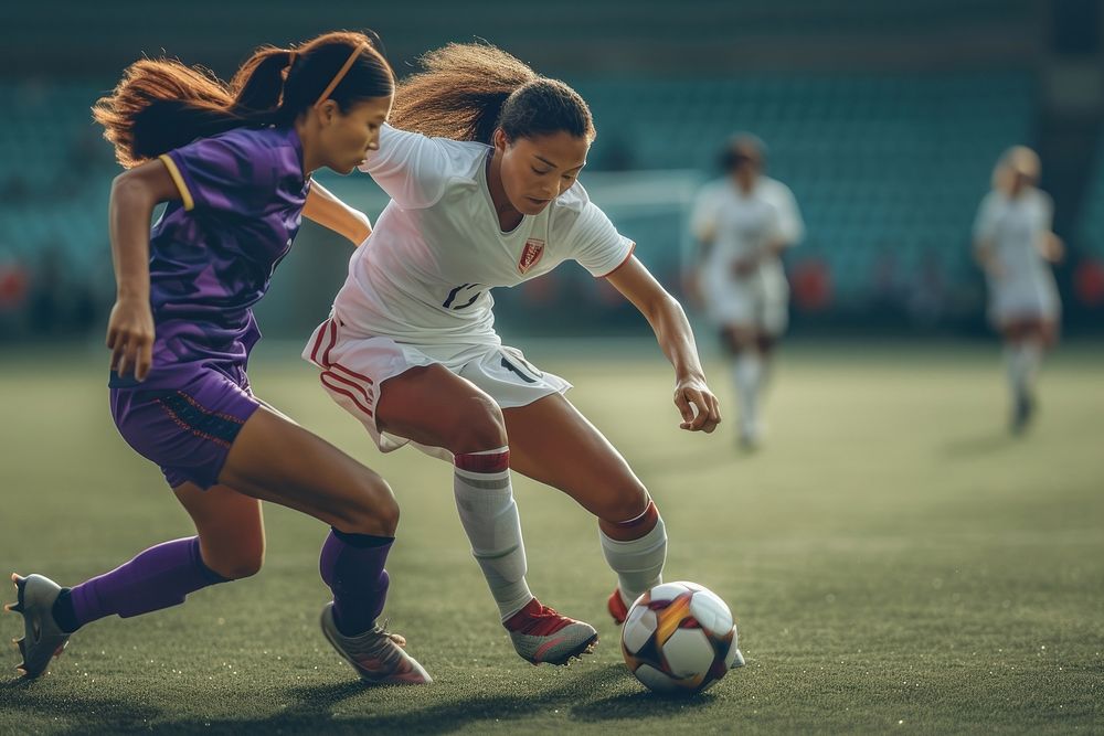 Two women soccer players compete for the ball sports football motion.
