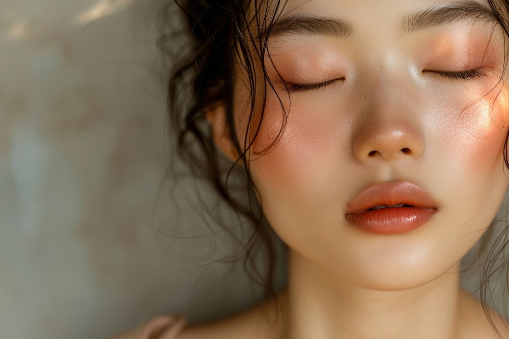 Asian woman posing inwards with closed eyes skin contemplation relaxation.