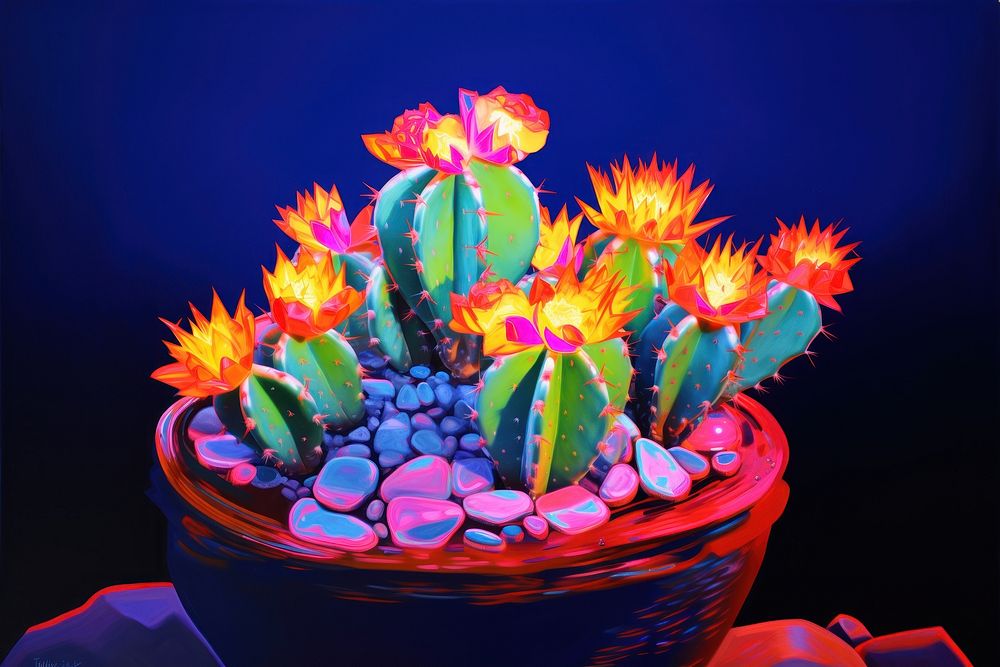 Black light oil painting of cactus yellow purple plant.