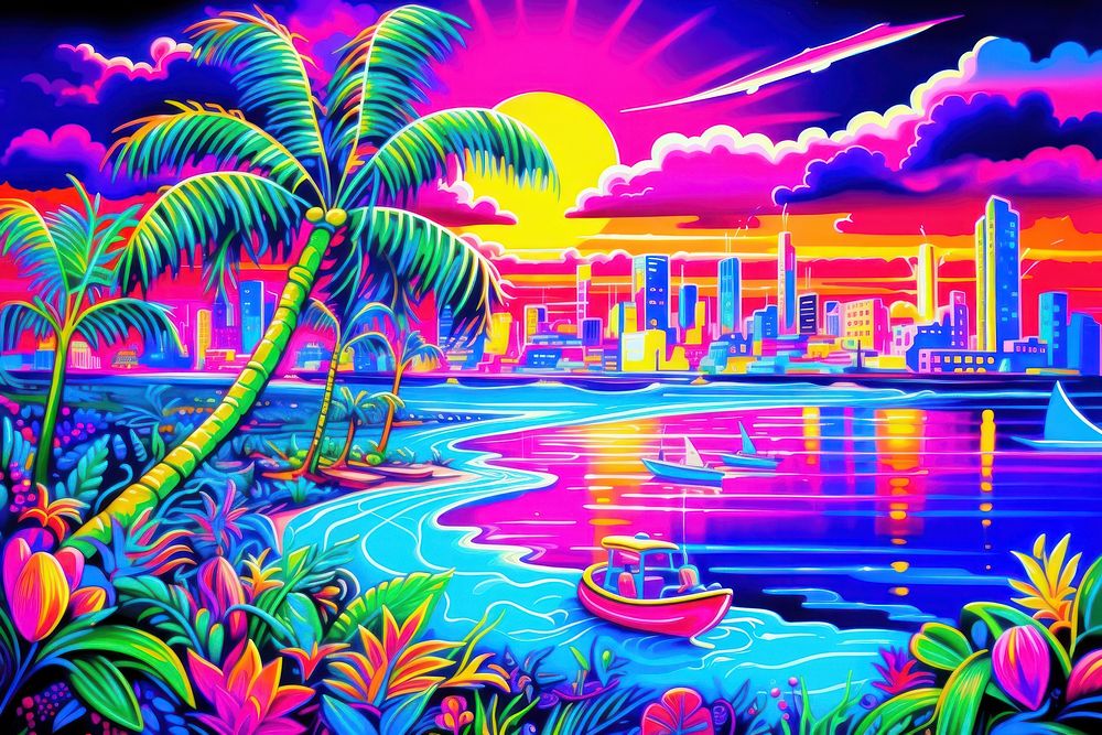 Black light oil painting of miami vibes purple outdoors nature.