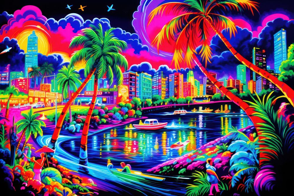 Black light oil painting of miami vibes outdoors night city.