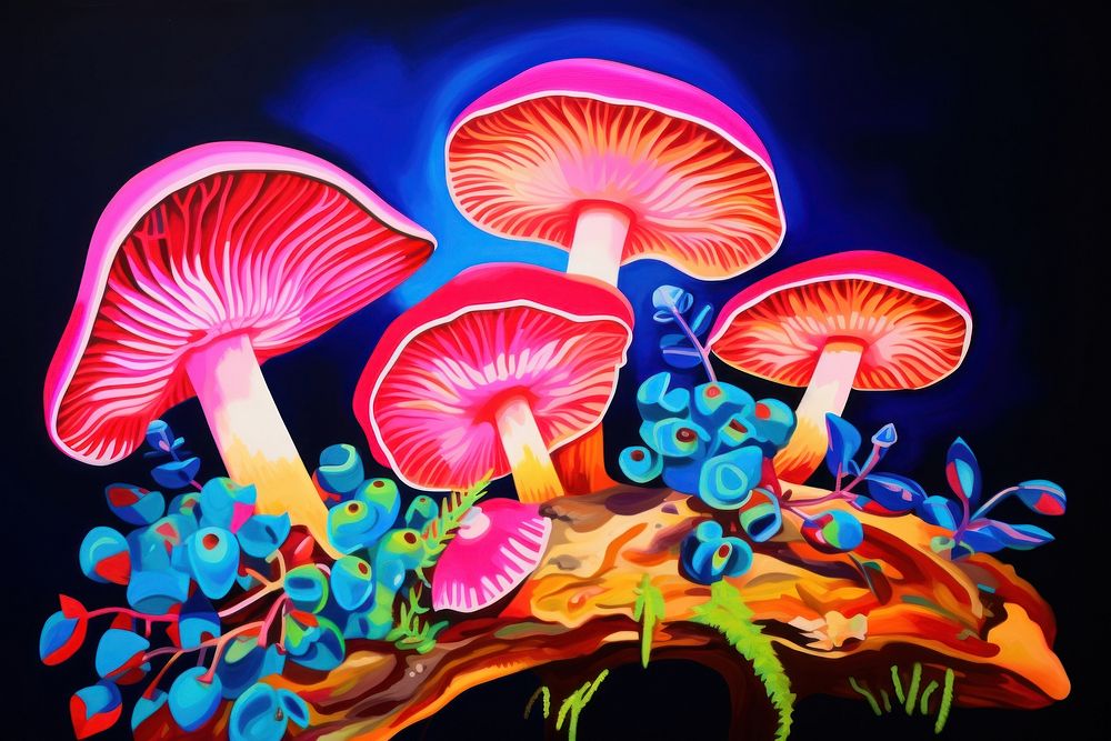Black light oil painting of mushroom pattern purple fungus.