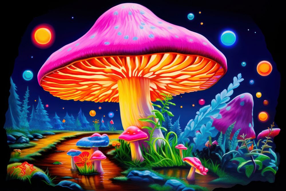 Black light oil painting of mushroom outdoors nature agaric.