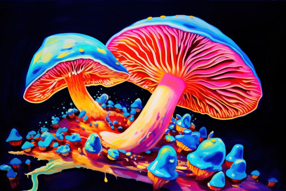 Black light oil painting of mushroom nature fungus agaric.