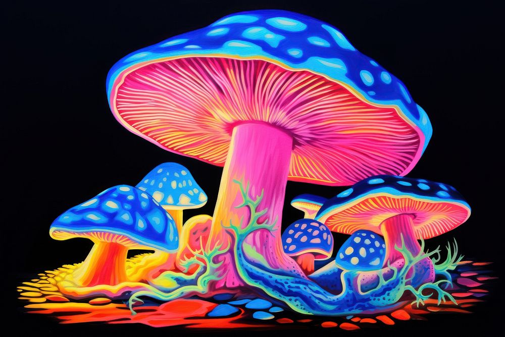 Black light oil painting of mushroom pattern agaric fungus.