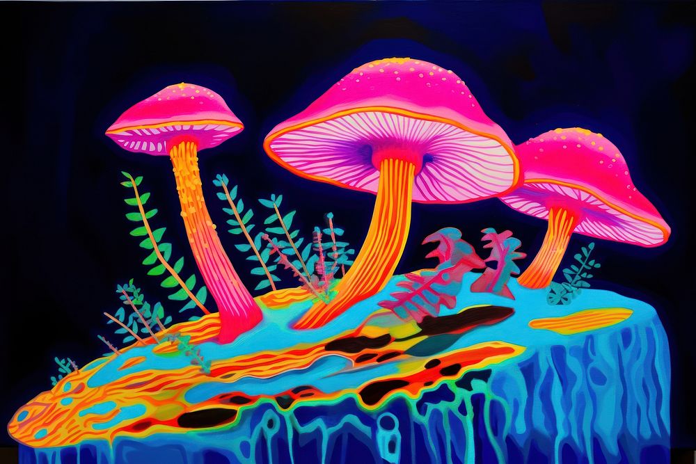 Black light oil painting of mushroom nature fungus purple.