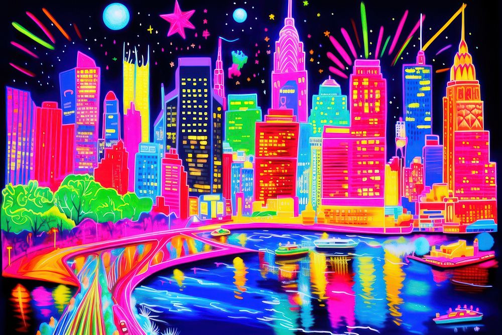 Black light oil painting of new york city purple neon architecture.