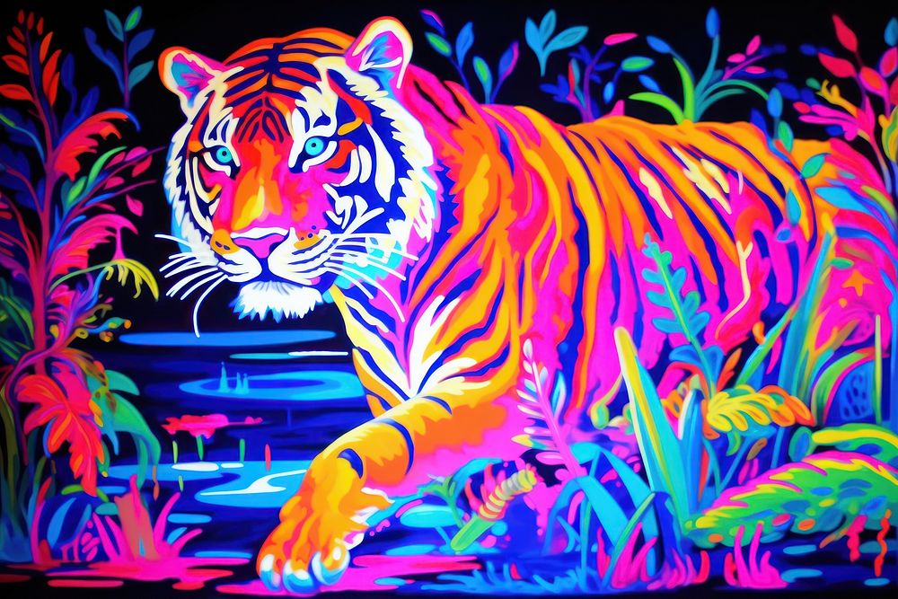Black light oil painting of tiger wildlife animal mammal.