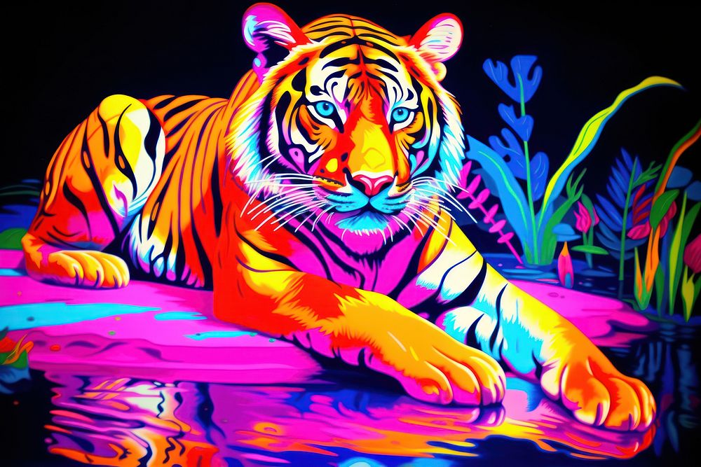 Black light oil painting of tiger wildlife animal purple.