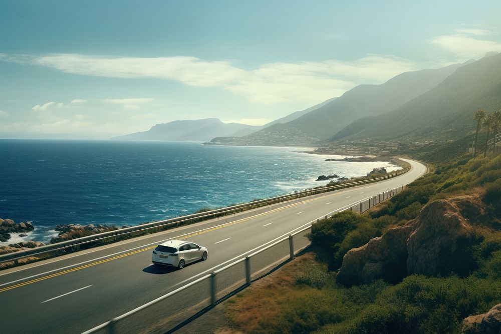 Car is driving on a scenic road near the ocean and mountain landscape outdoors vehicle.