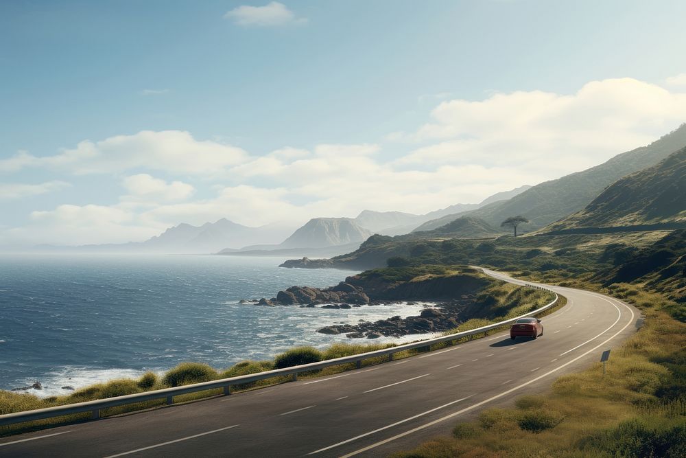 Car is driving on a scenic road near the ocean and mountain landscape outdoors idyllic.