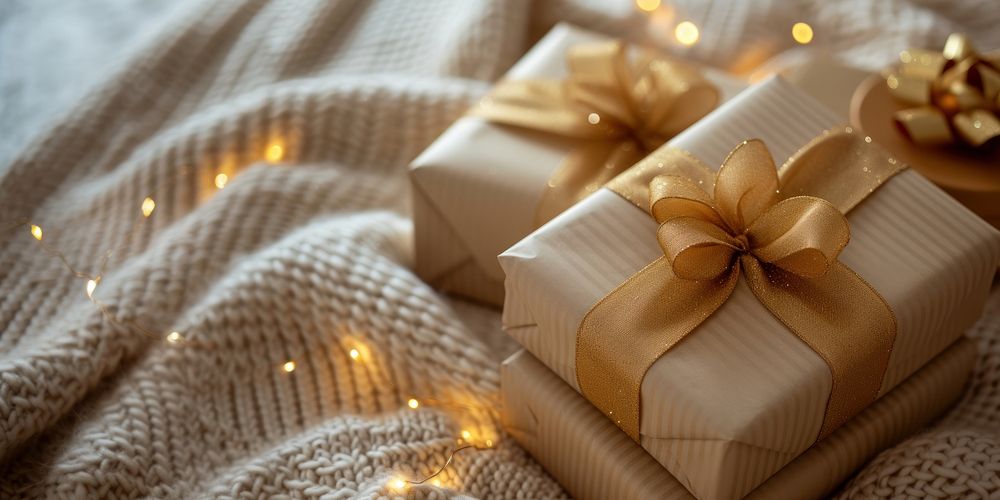 Christmas presents with gold ribbon on a solid background gift illuminated celebration.