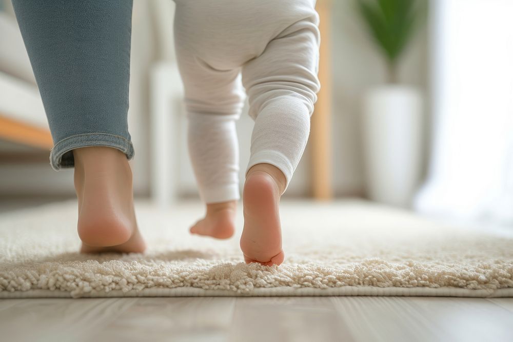 Toddler white flooring barefoot.