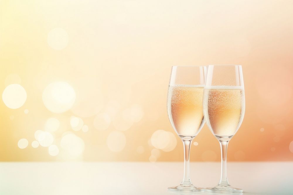 2 glass of champagne and pearl necklace on glitter gradient background cocktail drink refreshment.
