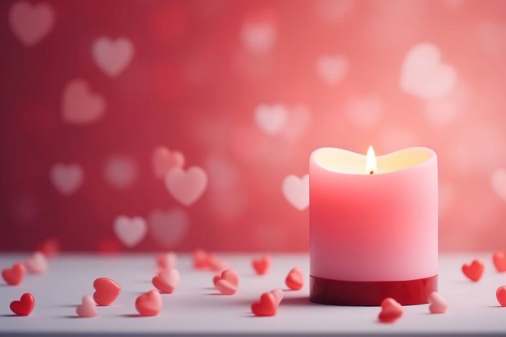 Candle in hearts shape petal red illuminated.