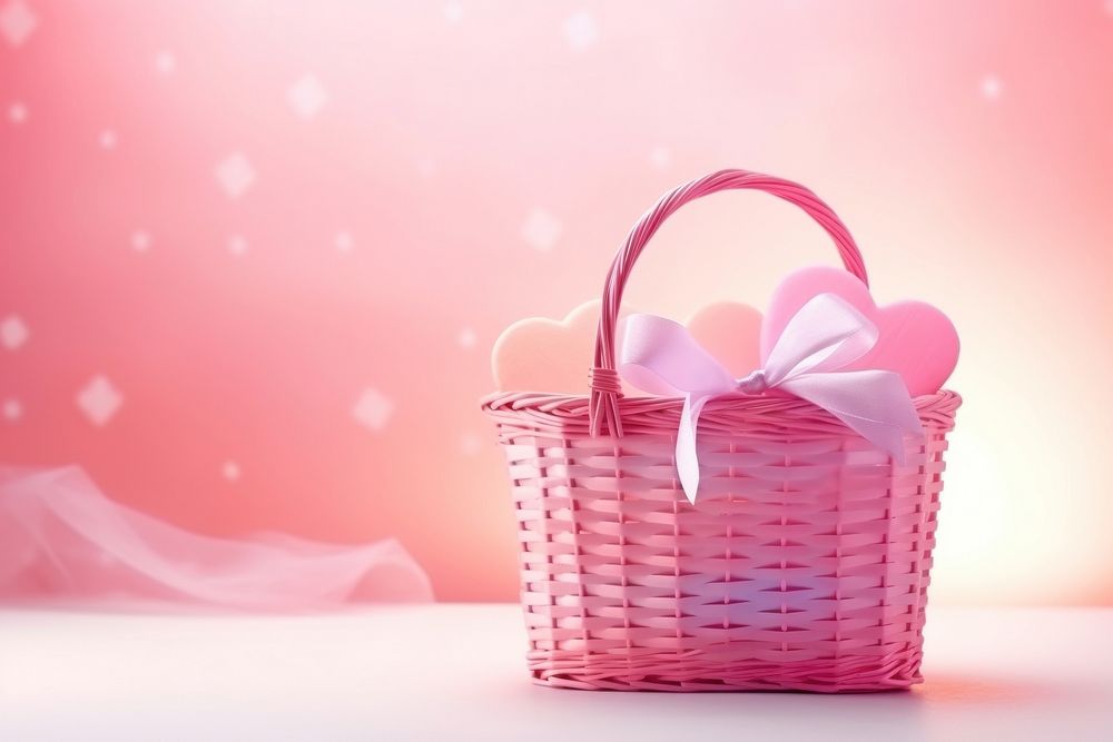 Valentine gift basket pink red pink background.
